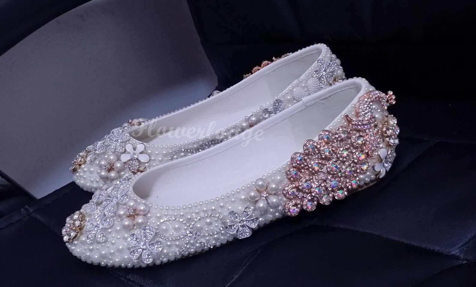 unique women flat shoes ivory pearl rhinestone ballet flats peacock glitter crystal cute bow flowers handmade to order women/gir