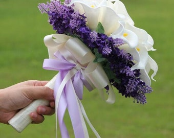 Ivory Purple Flower Bouquet Lavender Bridal Flowers bouquet 20 Head Faxu Silk Flowers Lace Ribbon Calla lilies Lavandula