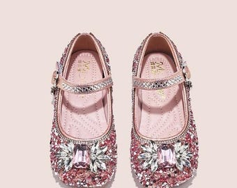 Zapatos brillantes rosas para niñas, zapatos con piedras de estrás, zapatos brillantes para niñas pequeñas, zapatos de princesa con purpurina de diamantes.