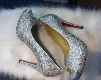 Silver Shoes for Women, Clear Rhinestone Crystal Diamonds Open Toe Heels Bling Wedding Shoes Custom Classic Heel Custom Closed Toe Slippers