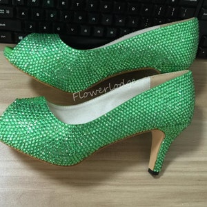 Green Crystal Women Shoes Sparkle Rhinestone Bride Shoes