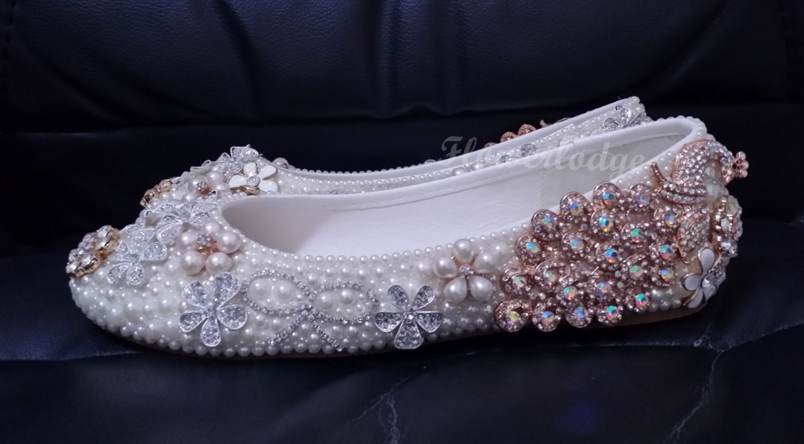 unique women flat shoes ivory pearl rhinestone ballet flats peacock glitter crystal cute bow flowers handmade to order women/gir