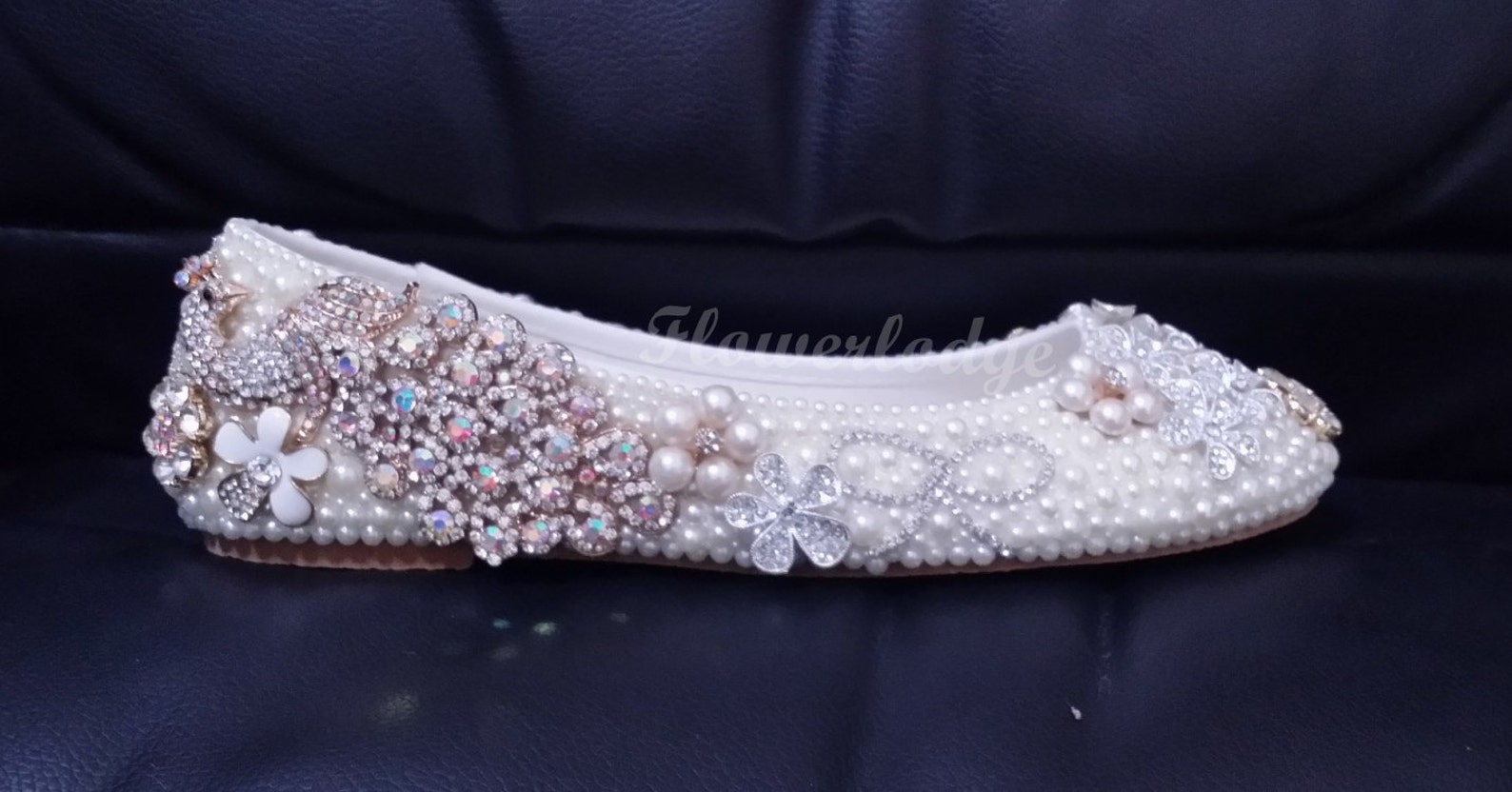 unique women flat shoes ivory pearl rhinestone ballet flats peacock glitter crystal cute bow flowers handmade to order women/gir