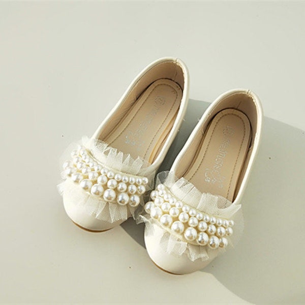 Ivory Flower Girl Shoes Lace Toddler Girl Shoes Pearl Stones Lace Ribbon Little Girls Shoes