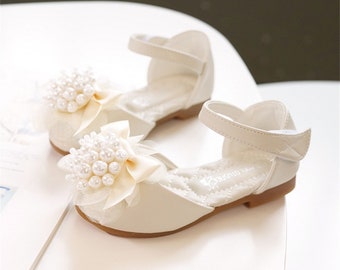 Peep toe Toddler flower girl sandals shoes open toe toddler shoes pearls beads bow girls party shoes