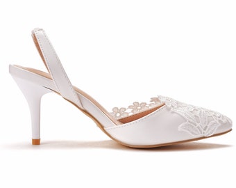 Zapatos de novia blancos simples, sandalias de 3 pulgadas, tacones con punta estrecha, tamaño disponible, tacones de encaje personalizados para mujeres y niñas grandes