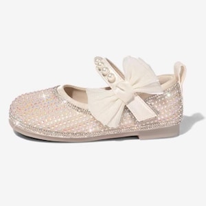 Beige Bling Shoes for Girls Pearls Rhinestone Sparkle Shoes Bow Toddler Girls Shoes  Princess Shoes Flower Girls Custom beige /light pink