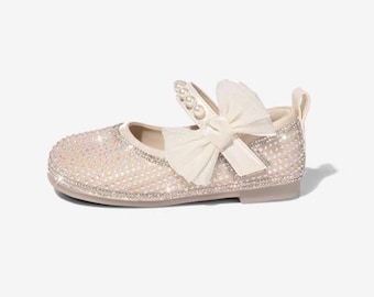 Beige Bling Shoes for Girls Pearls Rhinestone Sparkle Shoes Bow Toddler Girls Shoes  Princess Shoes Flower Girls Custom beige /light pink