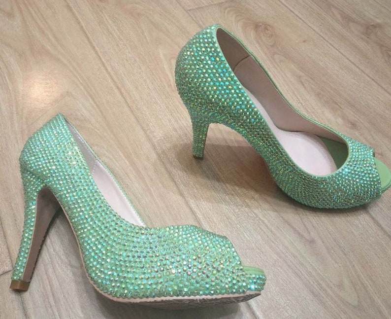 Light Green Rhinestone Women Shoes Peep Toe Glitter Heels - Etsy
