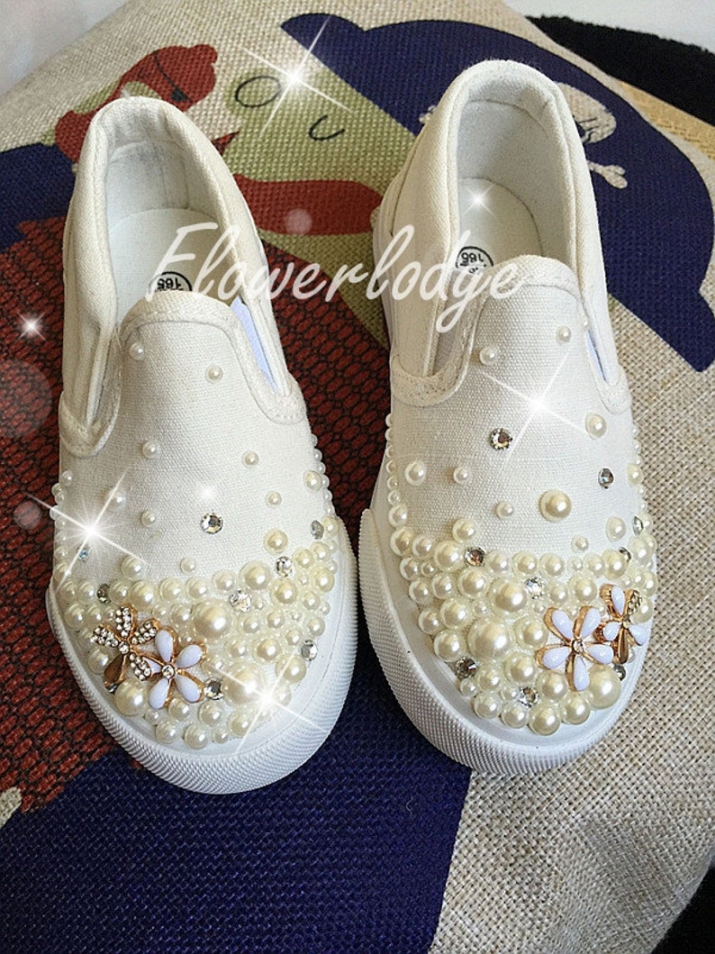 Custom Girls Shoes Ivory Pearl Flower Girl Shoes Canvas Girl Etsy