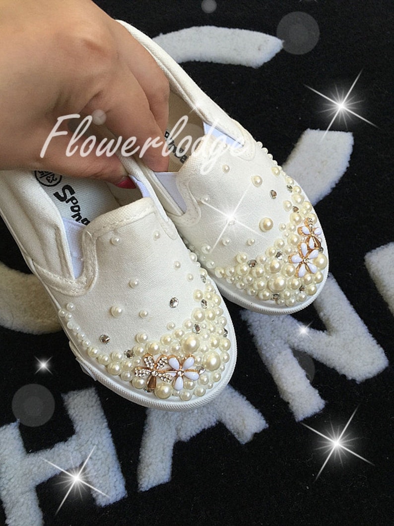 Custom Girls Shoes Ivory Pearl Flower Girl Shoes Canvas Girl Etsy