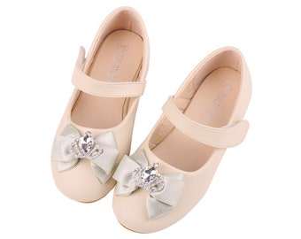 Beige Flower Girl Shoes/ Bow Crown Bling Toddler Girl Shoes/Dance Shoes Girls mary jane shoes-Genuine Leather Pink/Black/Sliver Girls Shoes