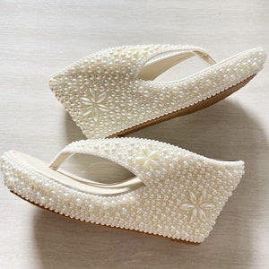 Bride Wedge Flip Flops-white/ivory Pearl Stones Wedding Sandals Pearled Women Sandals/ Custom Lady Shoes-Made To Order