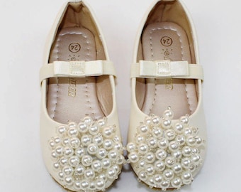Ivory Flower Girl Shoes/ ivory pearl Toddler Girl Shoes/Pearl satin bow Party Shoes/mary jane shoes-Genuine Leather Shoes For Girls