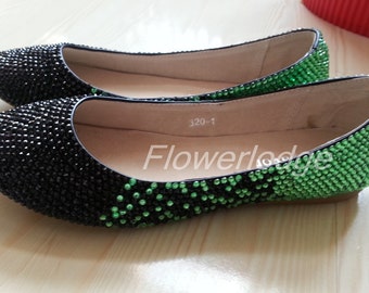 Crystal Flats Shoes, Rhinestone Ballet Flats Soft Comfortable Flats Slipper Shoes, Green Black Sparkle Women Shoes