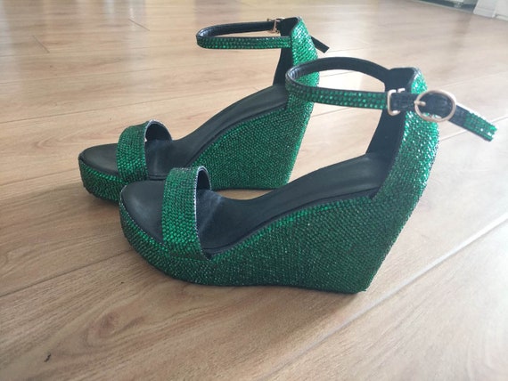 Rhineston Sparkly Wedge Women Shoes Custom Women Crystal Sandals Dark Green Stones Made to Order Shoes Etsy