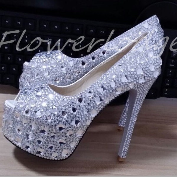 sparkle crystal shoes women dress shoes rhinestone heels slippers custom pumps prom heels, peep toe high heel clean crystal sparkly