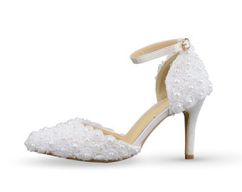 Ankle Strap Heels with White Rose Lace Pearled Handmade Women Party Shoes Pointed Toe Ankle Strap Shoes