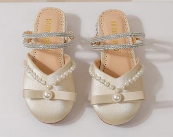 Bonitos zapatos para niñas, zapatos con perlas de color marfil/rosa bebé, zapatos brillantes con diamantes de imitación, zapatos para niñas pequeñas y jóvenes, zapatos de princesa, niñas de flores, color blanco
