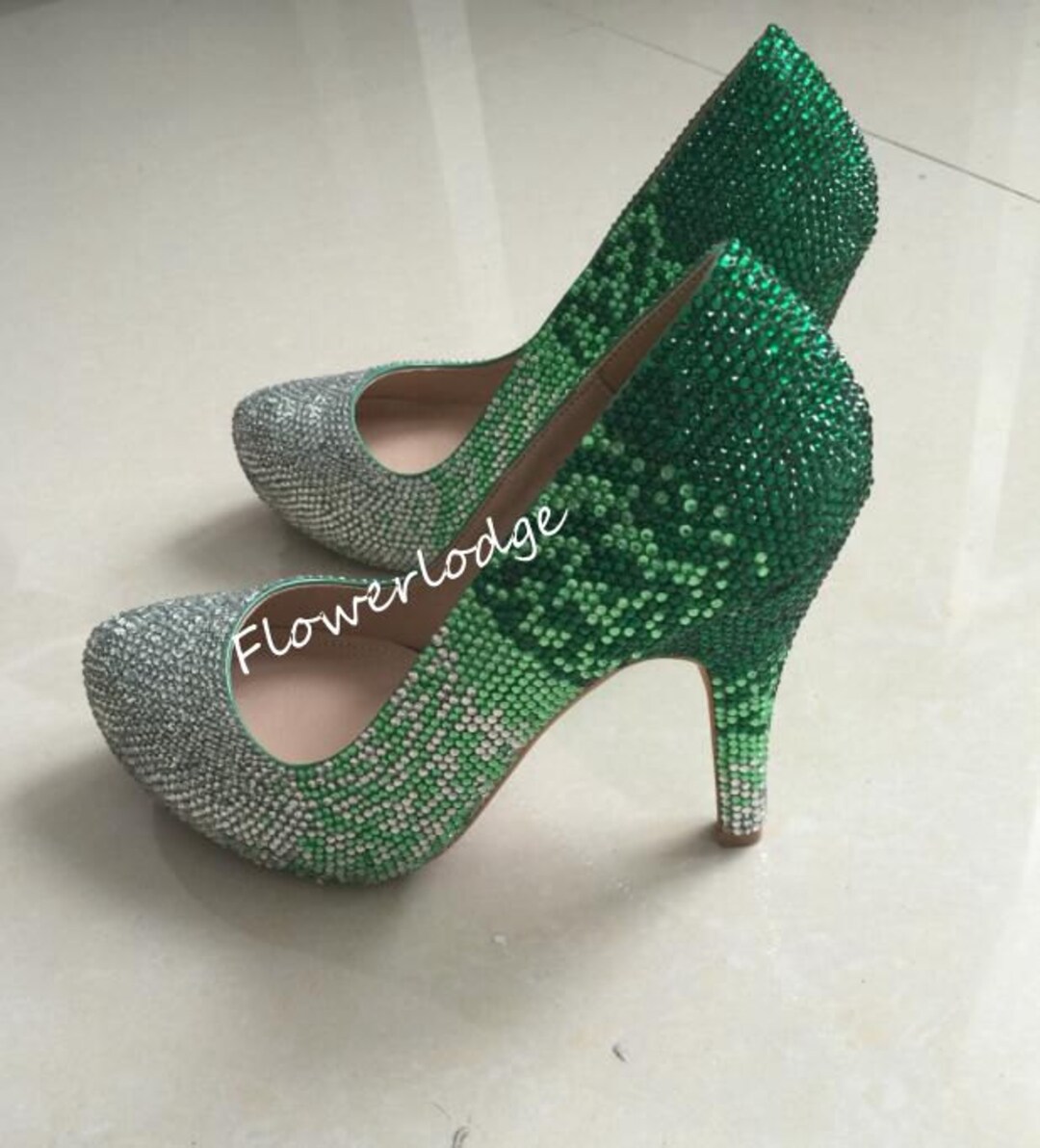 Rhinestone Women Shoes Green Silver Rhinestone Sparkle Classic