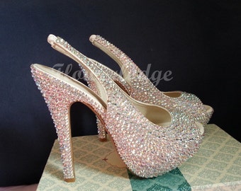 Sandals Womens-Swarovski crystal rose gold AB color sparkle Sandal Heels-SlingBack Heels-Bridesmaid Slingbacks-Party Dance Shoes Custom Heel