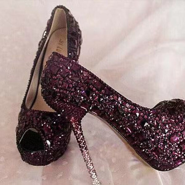 Purple Shoes for Women, Deep Purple Rhinestone Crystal Diamonds Open Toe Heels Bling Wedding Shoes Custom High Heel Custom Closed Toe Heel