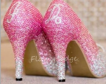 Pink Crystal Shoes Classic Pumps Slippers Sparkly lady shoes Customize Crystal Shoes For Girls&women Pink To Clean Rhinestone