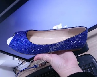 Royal Blue Crystal Flats Shoes Custom Flats Closed Toe ballet flat shoes Customize Peep Toe Flats Soft Comfortable Blue Women Shoes