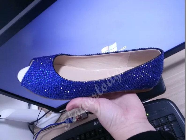 Royal Blue Crystal Flats Shoes Custom Flats Closed Toe ballet flat shoes Customize Peep Toe Flats Soft Comfortable Blue Women Shoes image 2