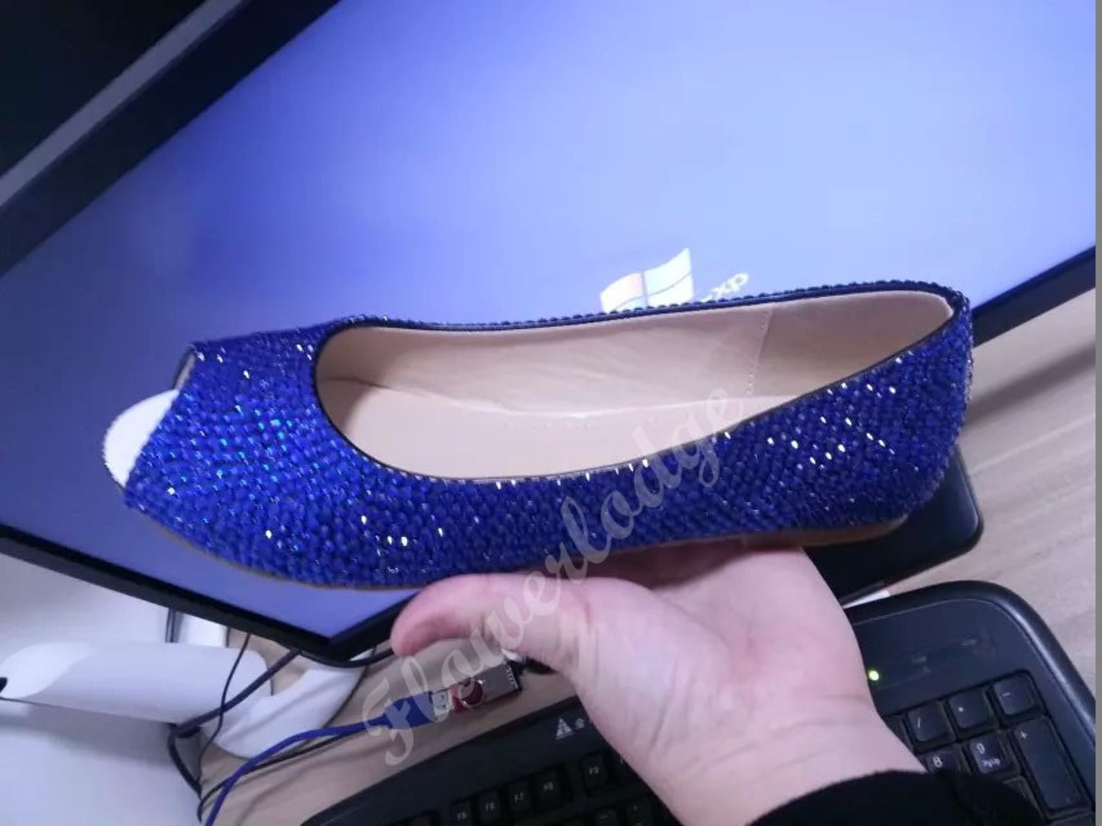 blue crystal shoes open toe ballet flat shoes royal blue rhinestone custom woman shoes flower girl shoes youth girl shoes peep t