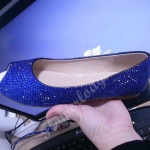 Blue Crystal Shoes Open Toe Ballet Flat Shoes Royal Blue Rhinestone Custom Woman Shoes Flower Girl Shoes Youth Girl Shoes Peep Toe Flats