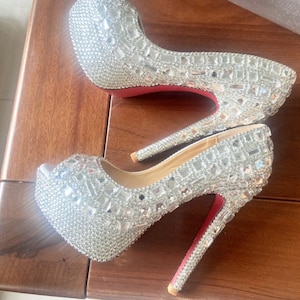 Clear Rhinestone Crystal Shoes Pumps Peep Toe /Open Toed Heels Real Crystal Stones Custom Women Slides Bridal Wedding Dance Shoes