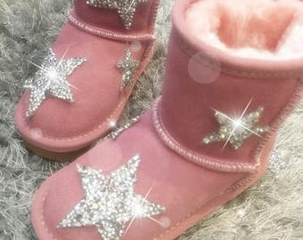 Pink Bling Bling Girls Boots/Cute Glitter Stars Sheepskin Wool Plush puffs children boots/custom girl boots slippers toddler youth shoes