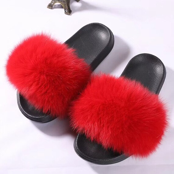red faux fur slippers