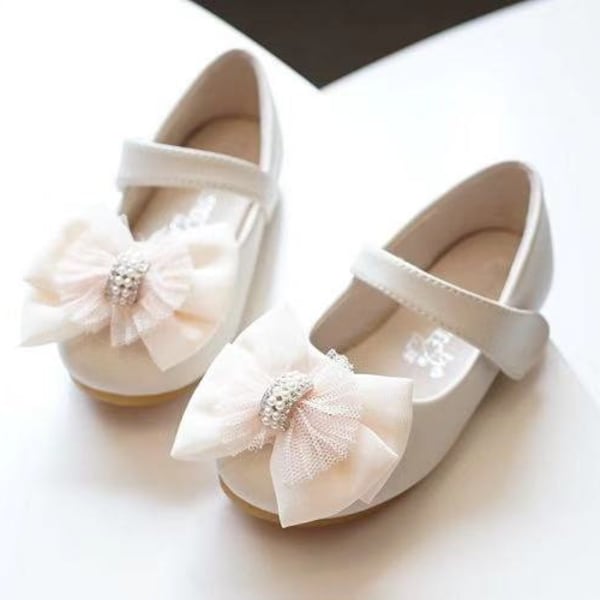 Ivory Flower Girls Shoes Off White Bows Toddler Girl Shoes Nice Dance Shoes bling Ribbon Kids Shoes mary jane shoes Leather Slippers