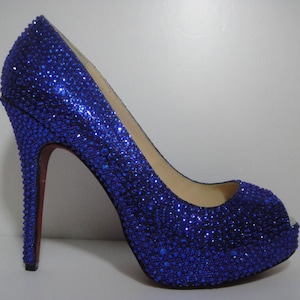 Rhinestone Crystal Shoes Pumps Peep Toe /Open Toed Heels Royal Blue/Dark Blue Real Crystal Stones Women Slides Bridal Wedding Dance Shoes