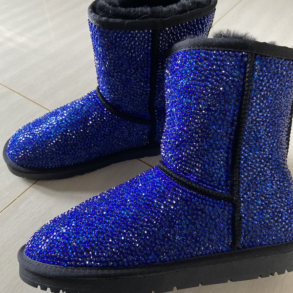 make Blue Crystal WINTER Boots/Leather Sheepskin Fleech/Wool Boot Teal Royal Blue Rhinestone sparkly stylish Furry Boots Plush Women Boots