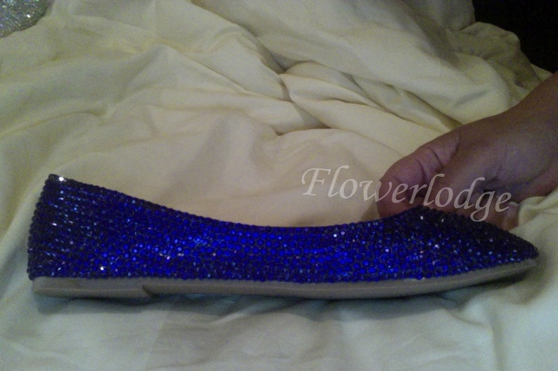 Royal Blue Crystal Flats Shoes Custom Flats Closed Toe ballet flat shoes Customize Peep Toe Flats Soft Comfortable Blue Women Shoes image 1