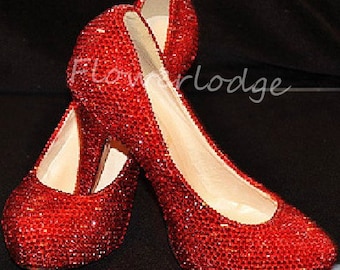 Red Rhinestone Women Pumps Shoes Closed Toe Heels Ruby Red Sparkle Crystal Classic Women Heels