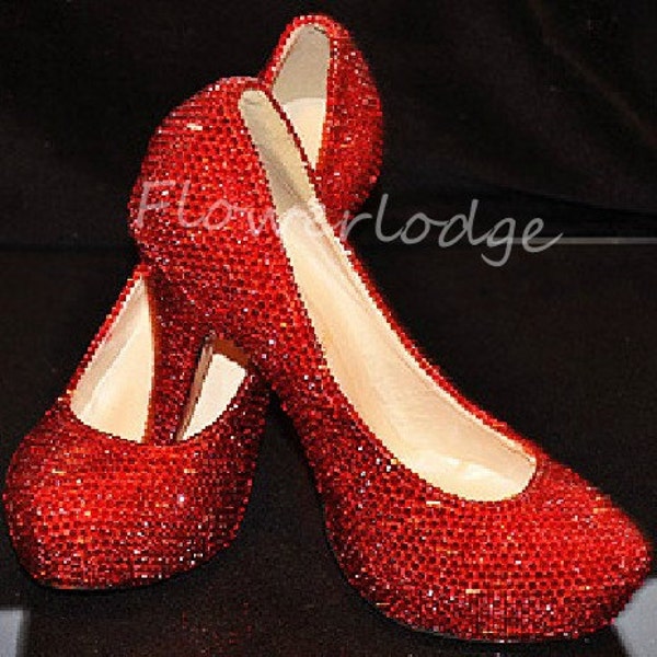 Red Rhinestone Women Pumps Shoes Closed Toe Heels Ruby Red Sparkle Crystal Classic Women Heels