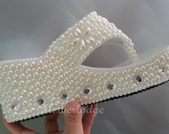 Custom Flip Flops- 3" Wedge Flip Flops-ivory Sandals/pearl stones top with flower clean love shape rhinestone -Made To Order