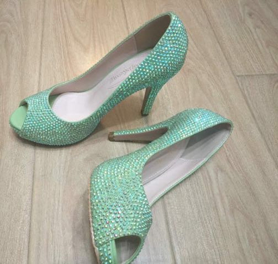 Transformator Oh jee Wonen Light Green Rhinestone Women Shoes Peep Toe Glitter Heels - Etsy
