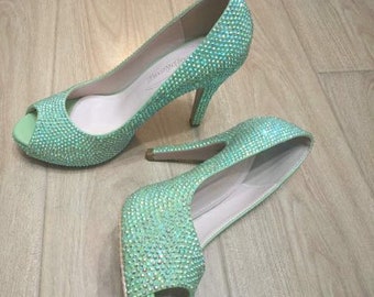 LIght Green Rhinestone Women Shoes Peep Toe Glitter Heels