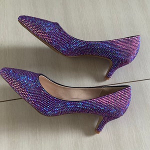 Rainbow Purple Bling Shoes Nice Purple Rhinestone Pumps Women Shoes Lower Pointed Toe Heels Custom Women Heels Swarovski Purple Crystal