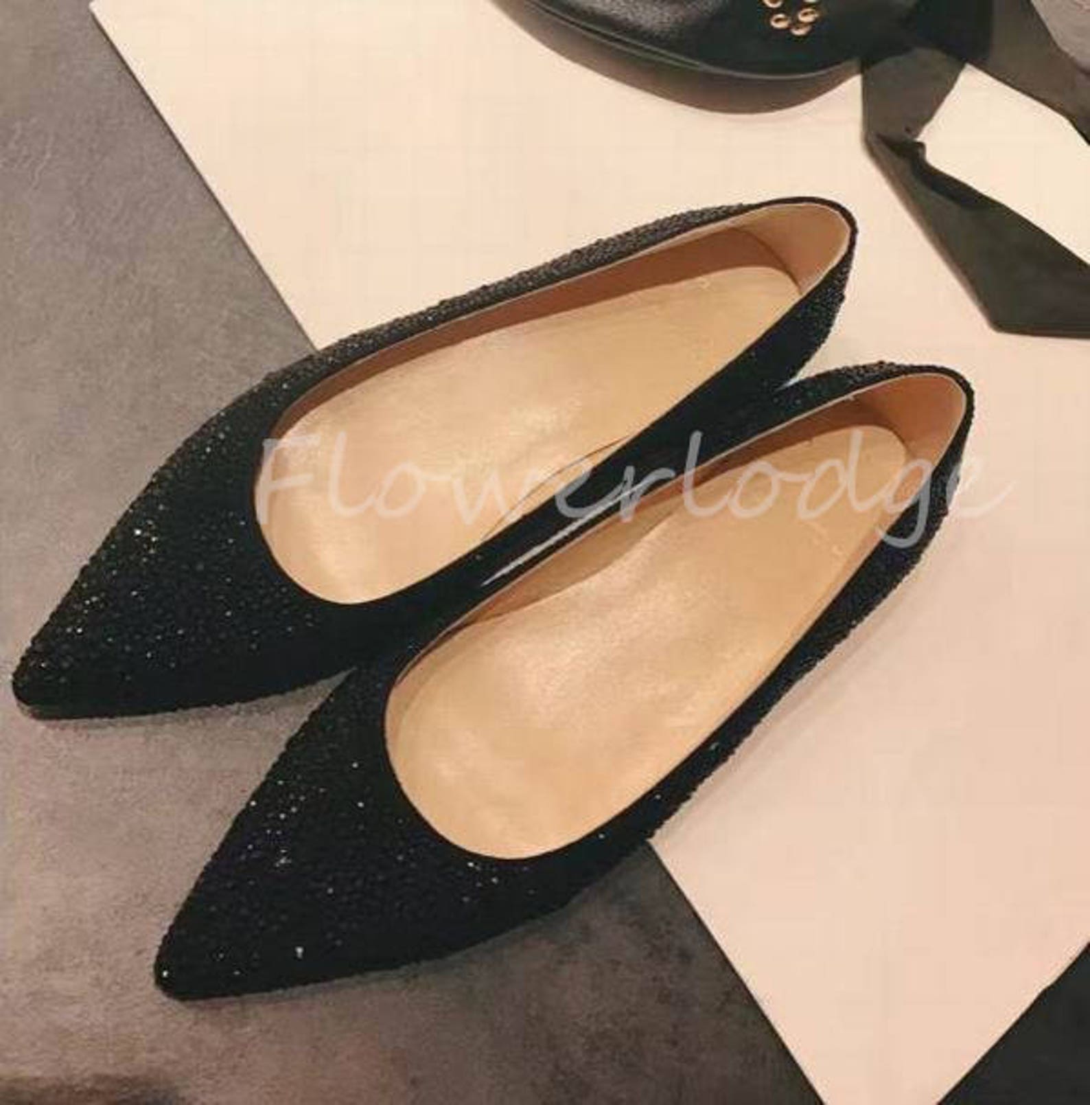 black glitter crystal pointed toe ballet flats rhinestone women shoes bling sparkly customize other