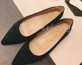 Black Glitter Crystal Pointed Toe Ballet Flats Rhinestone Women Shoes Bling Sparkly Customize other