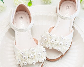 Flower Girl Shoes Sandales blanches perles blanches sandales florales pour les filles tout-petits