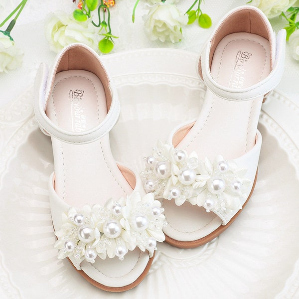 Flower Girl Zapatos sandalias blancas perlas blancas sandalias florales para niñas de niño pequeño