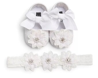 Baby Mädchen Schuhe weiße Spitze Ribbow niedliche Schleifen Schuhe mit Baby Haarband/Stirnbänder Spitze Blumen bling Strass Perlen Steine