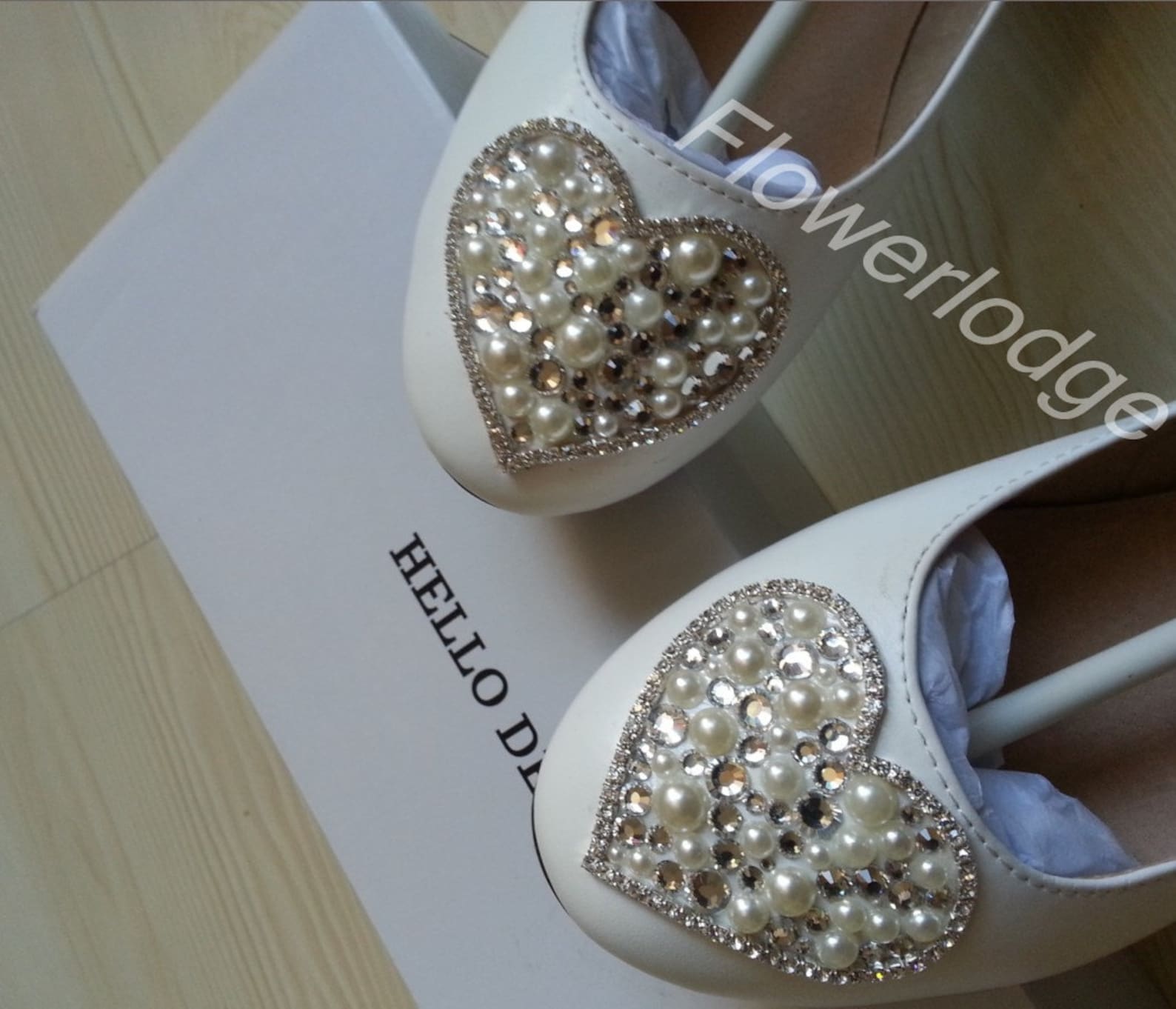 ivory real leather ballet flats women shoes-custom prom girls shoes-love heart design swarovski crystal ivory pearl beads brides